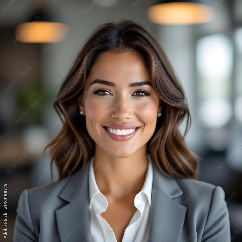 Fototapeta premium Professional Woman with Wavy Brown Hair and Pearl Earrings in Office Background