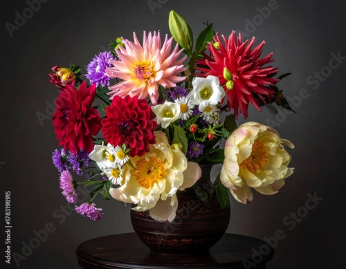 Close-up of colorful dahlias, peonies, and other flowers in a ceramic vase against a dark background