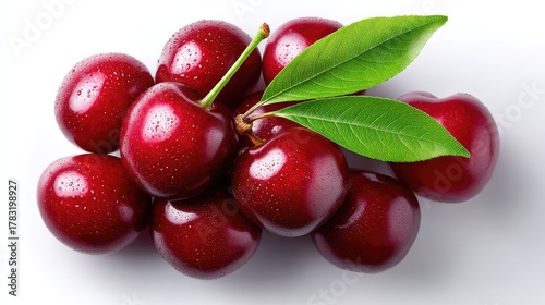 Wallpaper Mural Studio Portrait Of Ripe Red Cherries With Green Leaves And Water Droplets On A Clean White Background Detailed Macro Shot Torontodigital.ca