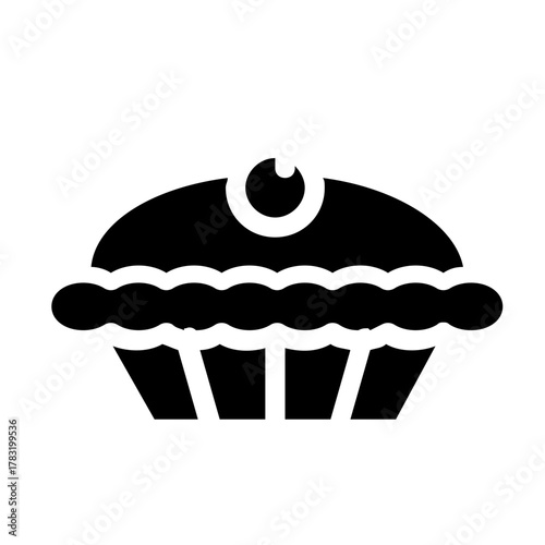 Black and white silhouette icon of a pie with decorative top crust and whimsical filling swirl
