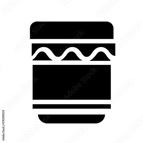 Black jam jar silhouette with wavy label detail and lid. Ideal for food packaging designs, breakfast menus, homemade jam branding, and grocery apps.