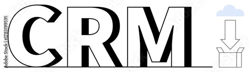 CRM lettering, cloud symbol, download arrow pointing to an open box emphasize data management, cloud computing, and customer relationship strategies. Ideal for technology, business, software