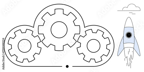 Cloud with three gears representing system integration beside a rocket taking off. Ideal for technology, innovation, growth, automation, cloud computing, digital transformation, and startup concepts