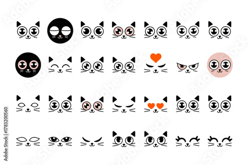 Cat Face Expression Grid – 35 Minimalist Emotive Icons for UI and Storytelling