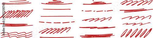 The image shows various red paint or marker strokes in different line styles and textures on a white background.