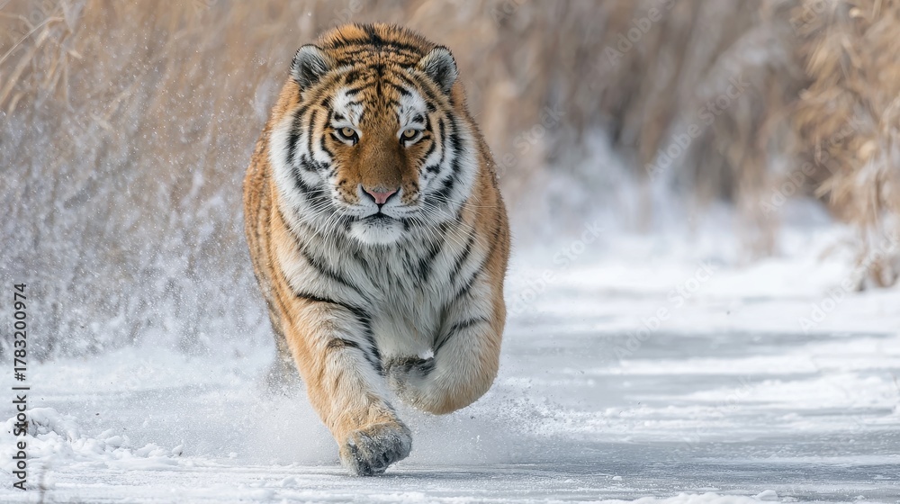 Obraz premium Captivating Siberian Tiger Striding Confidently Through a Winter Wonderland Landscape