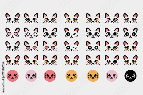 Expressive Cat Emoji Grid – 42 Stylized Faces with Colorful Moods and Icons