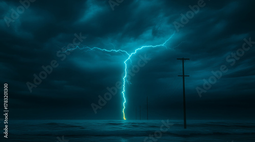 Lightning striking ocean water at night with dramatic clouds and power poles in distance