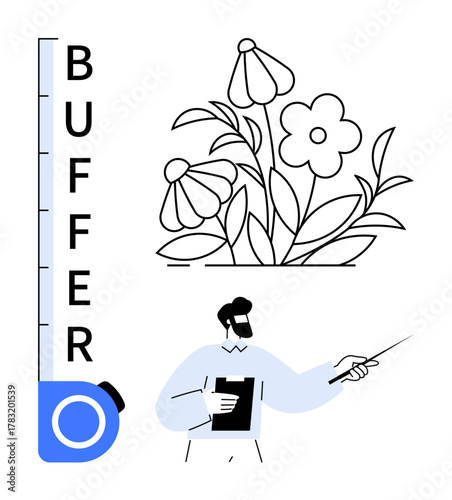 Man holding tablet and pointer, presenting growth concept with blooming flowers and vertical buffer indicator. Ideal for education, sustainability, growth, progress, creativity, management