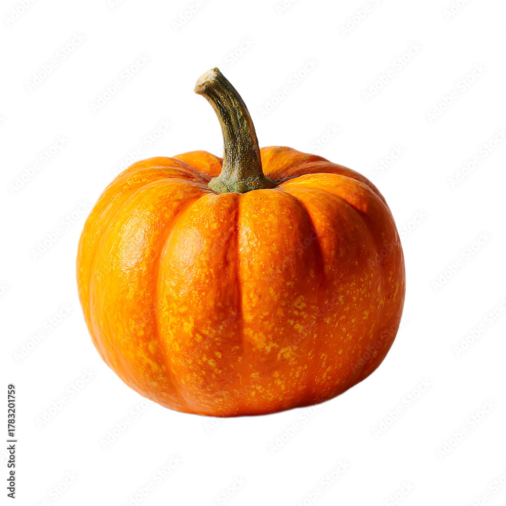 Fototapeta premium Isolated single orange pumpkin with a green stem on a black background in a studio shot setting