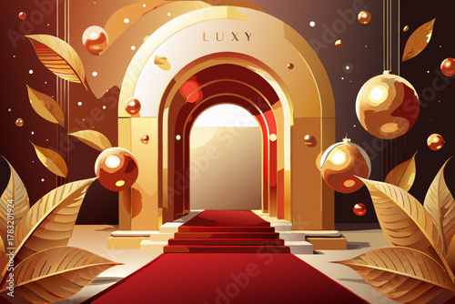 Golden archway with red carpet and ornate decorations