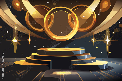 Luxurious golden stage with rings and spotlights for award ceremony