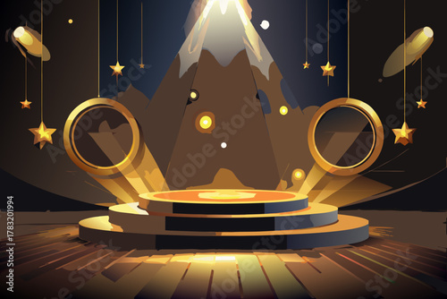Golden stage with spotlights and hanging stars for award ceremony or performance