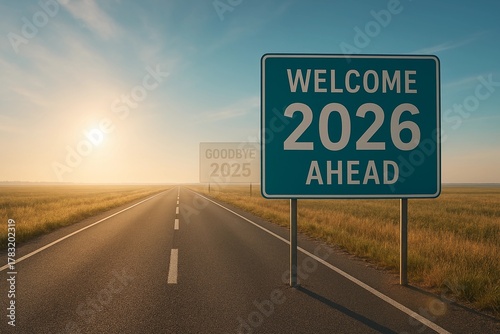 Welcome 2026 ahead sign on road with goodbye 2025 in back
