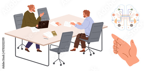 Two people discussing innovation at a conference table with notes, laptop, and books concept of digital brainstorming, teamwork, and neural connections. Ideal for business, education, tech, strategy