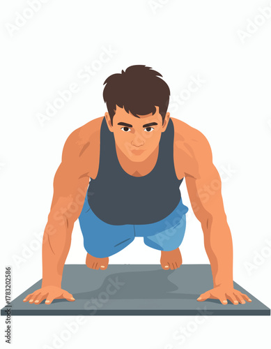 An illustrated man performs a push-up exercise on a mat.