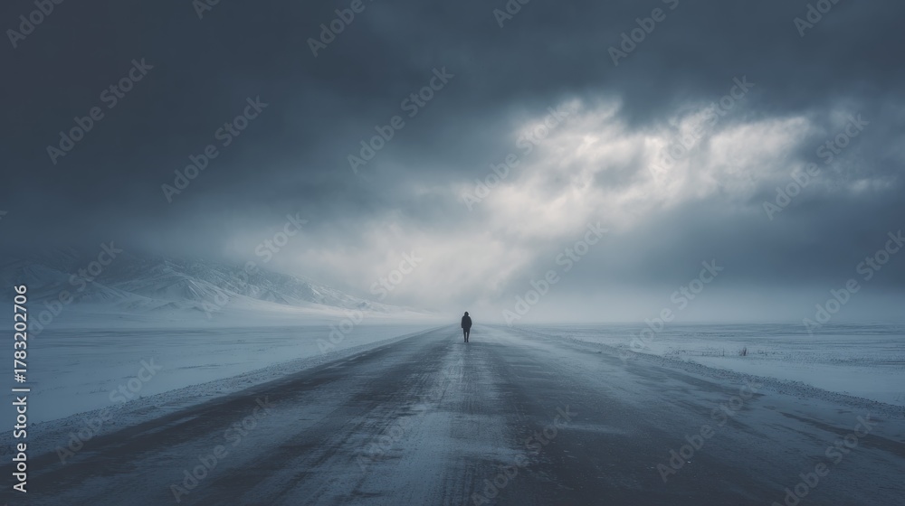 Obraz premium Lone figure walking winter road landscape