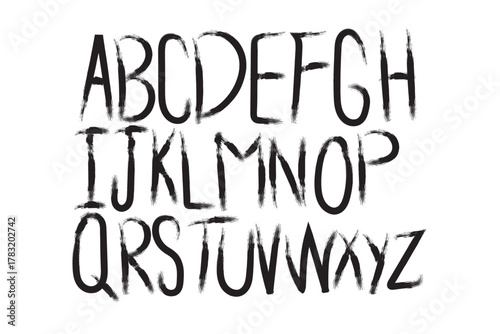 hand drawn alphabet design in grunge style brush paint style vector typography. Black ink dirty texture