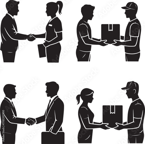 Silhouettes of people in business and delivery interactions in a grid format