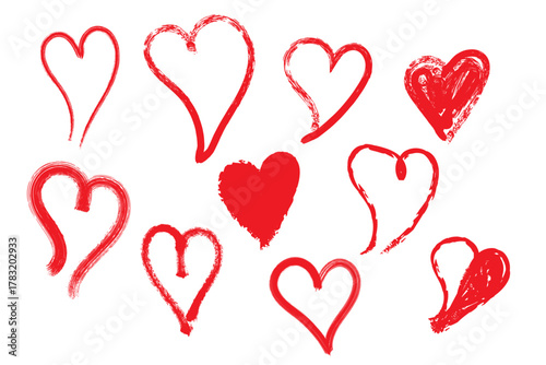 Red heart shapes vector set brush stroke collection uneven rough textured design