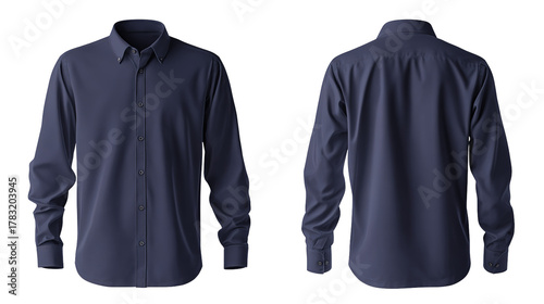 navy blue formal shirt mockup front and back view template isolated on transparent white background