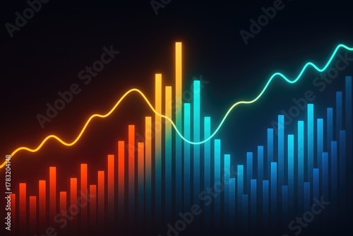 Stock market trend analysis with rising bar graph and neon line charts