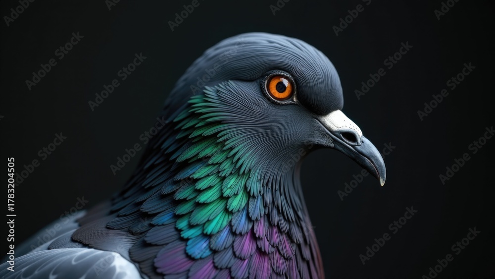 Fototapeta premium A close-up shot of a pigeon's feathers and beak on a dark background