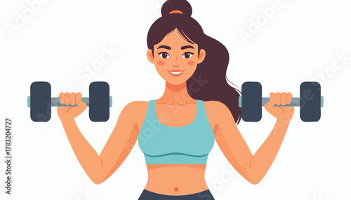 Woman lifting dumbbells, exercising with a smile, wearing a sports bra and shorts.