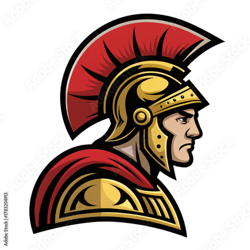 Roman Centurion Mascot Logo Vector, Flat Esport Design with Crimson Helmet and Gold Armor Fills and Bold Black Outline, Transparent Background

