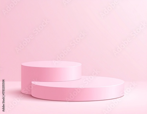 A pink 3D rendering of two cylindrical platforms, one elevated. The backdrop is plain pink, with soft shading