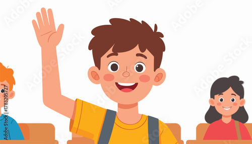 Cartoon illustration of a boy raising his hand in a classroom setting with other students.