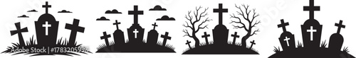 Silhouette illustrations of tombstones with crosses in a graveyard scene