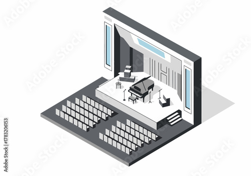 An elegant isometric illustration of a concert hall stage, featuring a grand piano and microphones, set before rows of empty seats in a clean, modern design