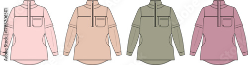Vector illustration of a long sleeve half-zip pullover shirt with a chest pocket. Fashion technical flat sketch template in multiple colorways