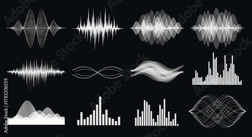 A comprehensive set of digital audio waveforms, sound wave visualizations, and abstract signal graphs isolated on a black background