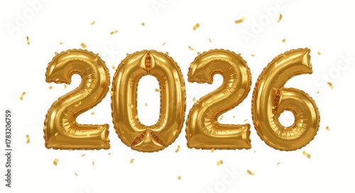A festive illustration of the year 2026 made from realistic golden foil balloons, complete with sparkling confetti for a New Year's party celebration