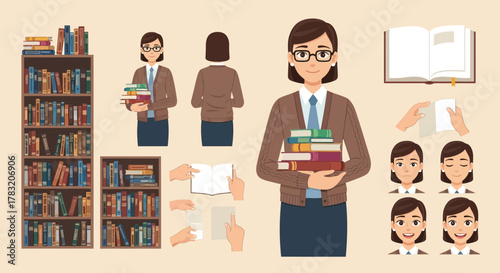 A collection of illustrations featuring a female librarian character holding books, with various poses, facial expressions, and library elements like bookshelves and open books.