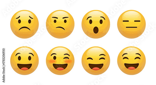 Collection of eight diverse digital emojis showcasing various expressions and emotions, ideal for communication and digital interfaces
