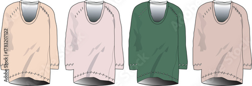 Various colored sweaters displayed on mannequins for retail presentation and fashion cataloging