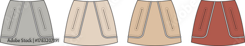 A collection of women's A-line skirts with panel details in a neutral color palette. Fashion technical flat sketch illustration set for apparel design