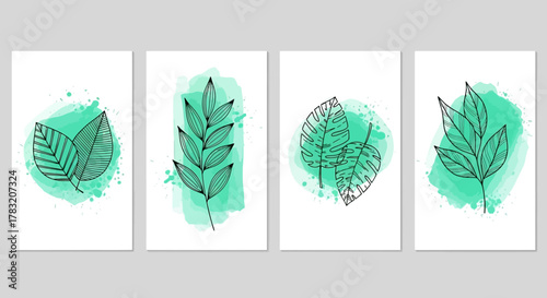 Botanical Sketch Art Prints with Green Watercolor Accents