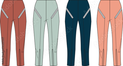 Collection of technical sportswear pants with ankle zippers and reflective details. Athleisure fashion flat sketch illustration set