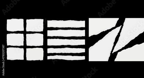 Torn paper strips and squares, conveying a sense of fragmentation and a rough, textured aesthetic