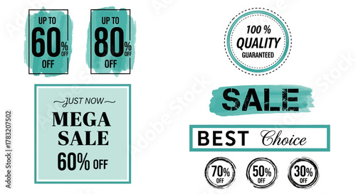 Vibrant collection of promotional sale and discount badges featuring a modern watercolor brushstroke design, perfect for digital marketing and e-commerce campaigns