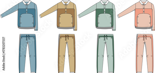 Technical drawing vector illustration of a men's sportswear tracksuit ensemble, including a collared pullover and jogger pants in multiple colorways