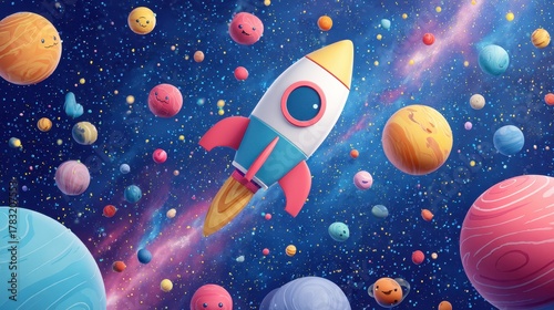 Fototapeta Naklejka Na Ścianę i Meble -  Celestial Ascent: A vibrant rocket ship soars through a whimsical space scene, surrounded by colorful planets and stars, igniting the imagination and celebrating the spirit of exploration.