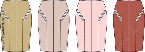 Fashion design template of a high-waisted pencil skirt. Vector illustration set showing multiple color variations for a womenswear collection