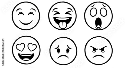 Collection of Six Different Expressive Emoji Faces, Showing Various Emotions and Reactions in a Simple Line Art Style