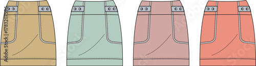 Collection of four colorful midi skirts with unique pocket designs and button details, perfect for casual or dressed-up outfits