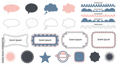 A versatile vector collection of flat design graphic elements, featuring speech bubbles, decorative frames, and pixel style cloud shapes